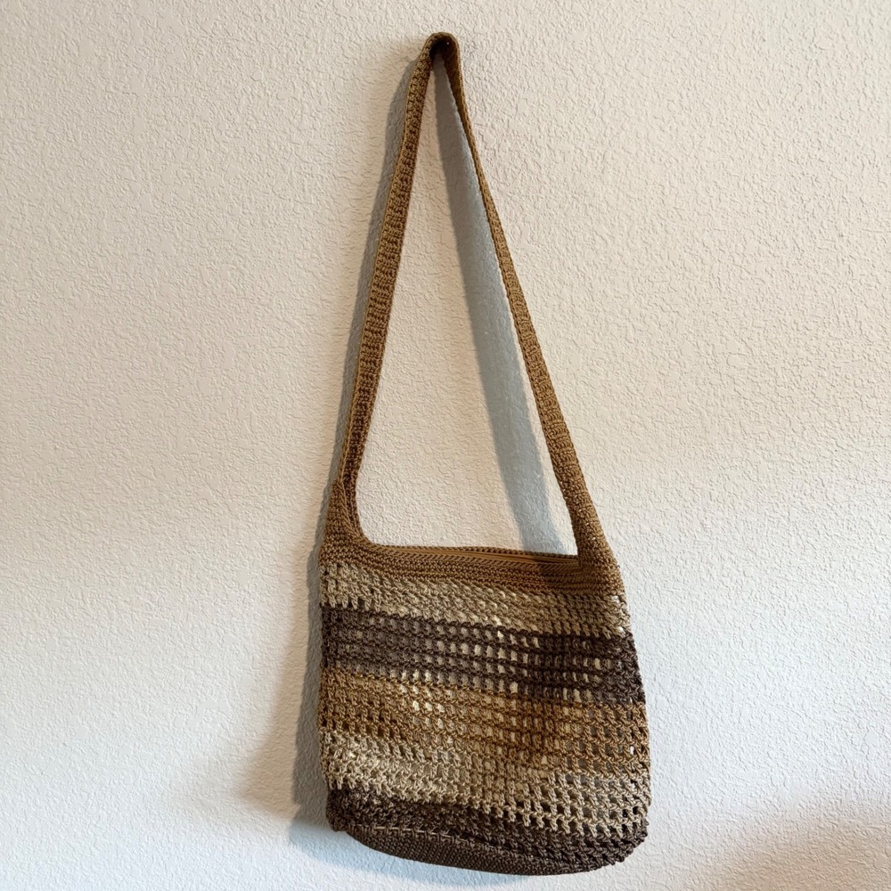 The Sak Crochet Crossbody Bag Brown Tan Striped Metallic Woven Boho Shoulder Bag